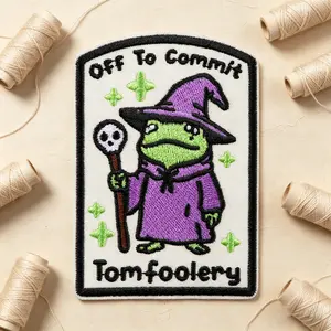 Off to Commit Tomfoolery Embroidered Patch, Humorous Wizard Frog Design, Adhesive Iron-On, for Clothes Jackets Hats Accessories