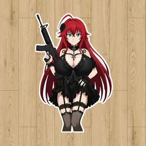 Red Gothic Rias Gremory with M16 – Dark Power Tactical Waifu Vinyl Sticker Waterproof, Gift For Anime Fans