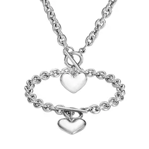 Stainless Steel Plated Gold Heart Chain Necklace Bracelet Charm Toggle Chain Stainless Steel Valentines Gifts Jewelry Sets