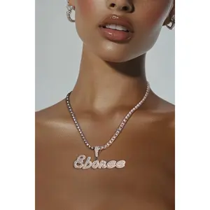 Diamond Silver Cursive Custom Letters Necklace Jewelry Personalized Name Pendant Simulated Diamonds Durable Solid Chain