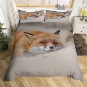 Feelyou King Size Polyester Duvet Cover Set - 3D Woodland Fox Print, Breathable Lightweight Animal Theme Bedding, Easy-Care Home Decorative Novelty Decorative Bedding Set (No Comforter)
