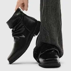 square-toed pleated Chelsea boots, stylish zip-up short boots, vintage work boots with a high-end feel 66595-K