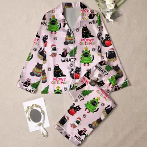 Women’s Christmas Cat Print Pajamas – Soft Silky PJs, Long Sleeve & Short Sleeve Options, casual all-season sleepwear