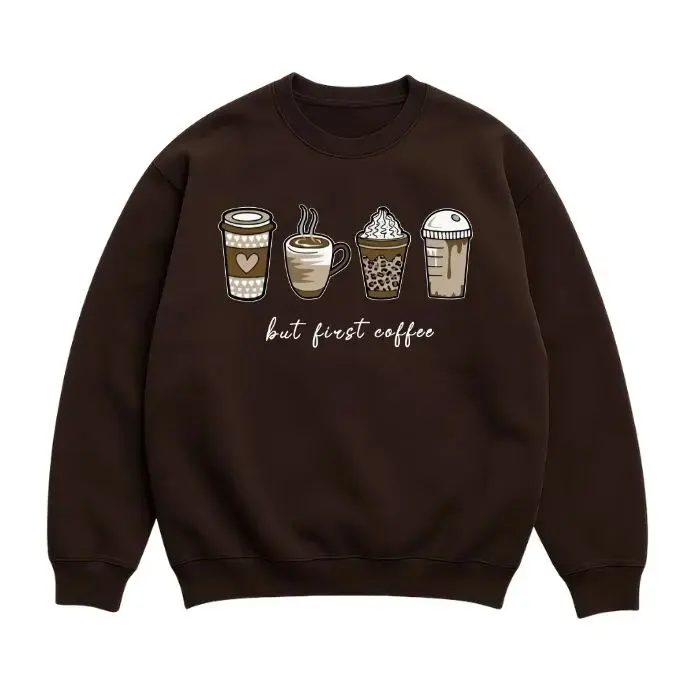 But First Coffee Sweatshirt, Cute Cartoon Coffee Cup Graphic Crewneck, Cozy Casual Pullover, Funny Coffee Lover Sweatshirt, Everyday Unisex Coffee Gift