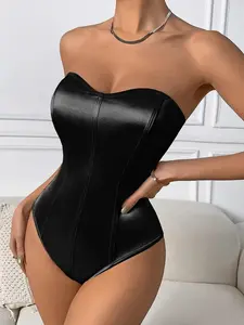 Trendy Y2K Baddie Faux Leather Corset Bodysuit, Women's Strapless Sweetheart Bustier Tube Top, Snatching Bodycon One Piece for Night Out Clubwear, Viral TikTok Fashion Edgy Chic Aesthetic, Black Sleek Party Festival Outfit