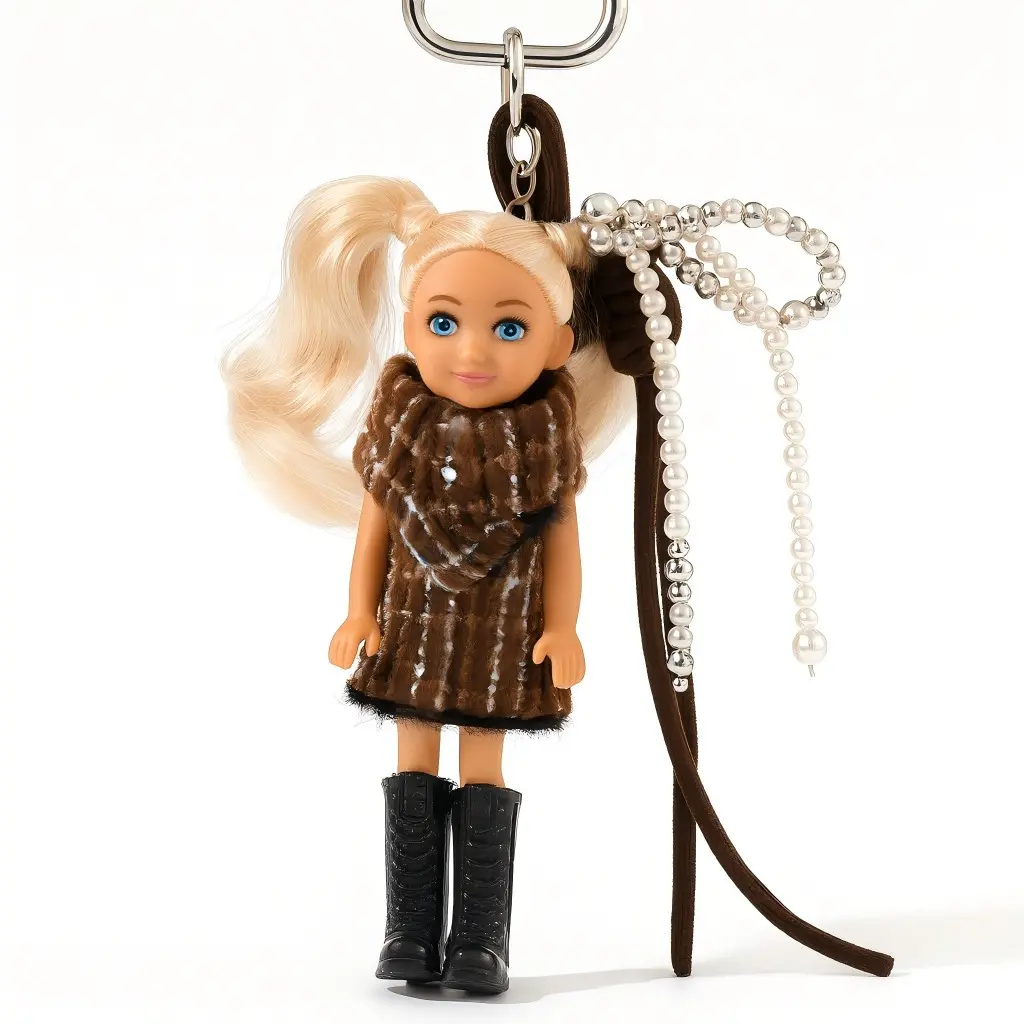 Women's Plaid Fabric Keychain, 8.26in Winter Casual Christmas Doll Purse Charm with Bow, Beads, Handmade Woven Strap, Elegant Cute Pendant, C Hook Accessory Gift, 8.26Inch, Checkered/Plaid, Clip, Double Ring