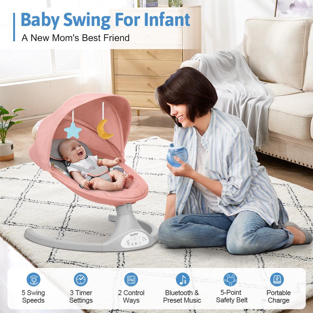COMOMY Baby Swing for Infants with 5 Natural Sway Speeds, Portable Bt Music Baby Swing with Remote Control & 5-Point Harness, Hands-Free Baby Soother, Lightweight Baby Rocker for 5-20 Lb, 0-6 Months, Pink, Valentine's Day