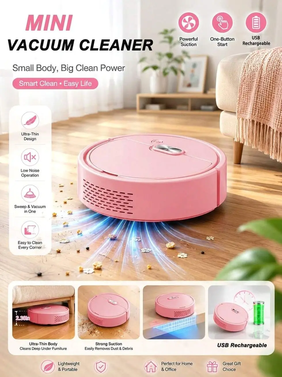 Vacuum Cleaner Combines Ultra-Thin Design With Sweeping, Suction, Mini Automatic USB Charging Smart Sweeping Robot For Wooden Flooring , Hard Floors And Daily Cleaning Suitable For Pet Hair Household Dusting Cleaner