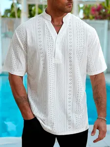 Men's Plus Size Loose Fit Casual Stand Collar Short Sleeve Graphic Print Shirt, Comfortable Daily Wear, Spring and Summer Versatile Top, Casual Summer Style