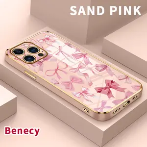 Luxury Electroplated Phone Case for iPhone 17 Air 15 Pro Max 16 14 Plus 13 12 11 Pink Bow Symphony Pattern Soft TPU Silicone Ultra Slim cellphone Cover