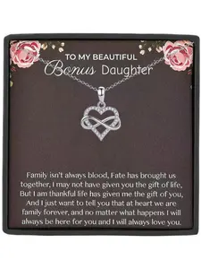 To My Beautiful Bonus Daughter Infinite Heart Pendant Necklace Gift Box with Card, Birthday & Christmas Gifts, Step Daughter Jewelry, Love Heart Necklace
