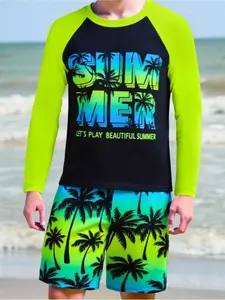 Tween Boys 2pcs Swimwear Set: Long Sleeve Solid Rashguard Top And Palm Tree Letter Print Pattern Gradient Swim Trunks