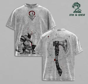 Kratos God of War T-Shirt, Vintage Washed Oversized Graphic Tee, Spartan Warrior Axe Print, Double Sided Front & Back Design, Heavy Cotton Anime Streetwear Shirt, Dark Aesthetic Retro Unisex Top, Gift for God of War Fans
