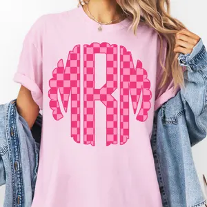 Pink Checker Monogram Comfort Color T-Shirt, Women Trendy tshirt,Women Personalized Monogram