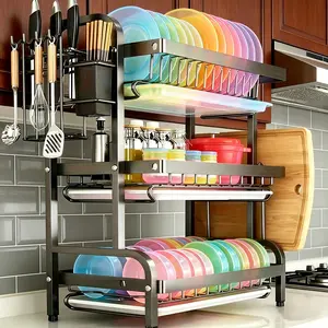 3-Tier Stainless Steel Dish Drying Rack with Cutting Board Holder, Large Capacity Dish Rack with Cup Storage & Utensil Holder, Dish Drainers with Removable Water Pan, Space-Saving Kitchen Organizer for Counter & Sink, Sleek Black Finish