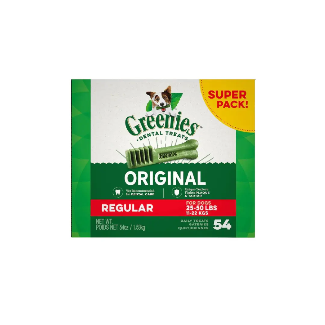 Greenies Original Dental Chews for Dogs - Treat-Pak, Regular Size with Gelatin, Wheat Flour, Potassium Chloride, Biotin, Dicalcium Phosphate, Lecithin, Vitamin D3 Supplement, Niacin Supplement, Nutrient-Absorbing Formula, Glycerin, Vitamin B12 Supplement