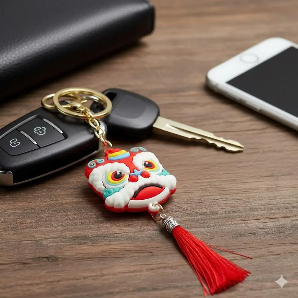 Fluffy Lion Dance Keychain: Cute Mascot Car Key Fob, Cartoon Lucky Lion Ornament for New Year Festival, Bag Charm & Holiday Gift Keyring Decor