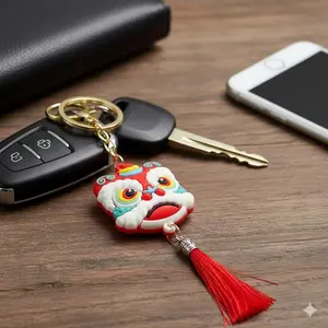 Fluffy Lion Dance Keychain: Cute Mascot Car Key Fob, Cartoon Lucky Lion Ornament for New Year Festival, Bag Charm & Holiday Gift Keyring Decor