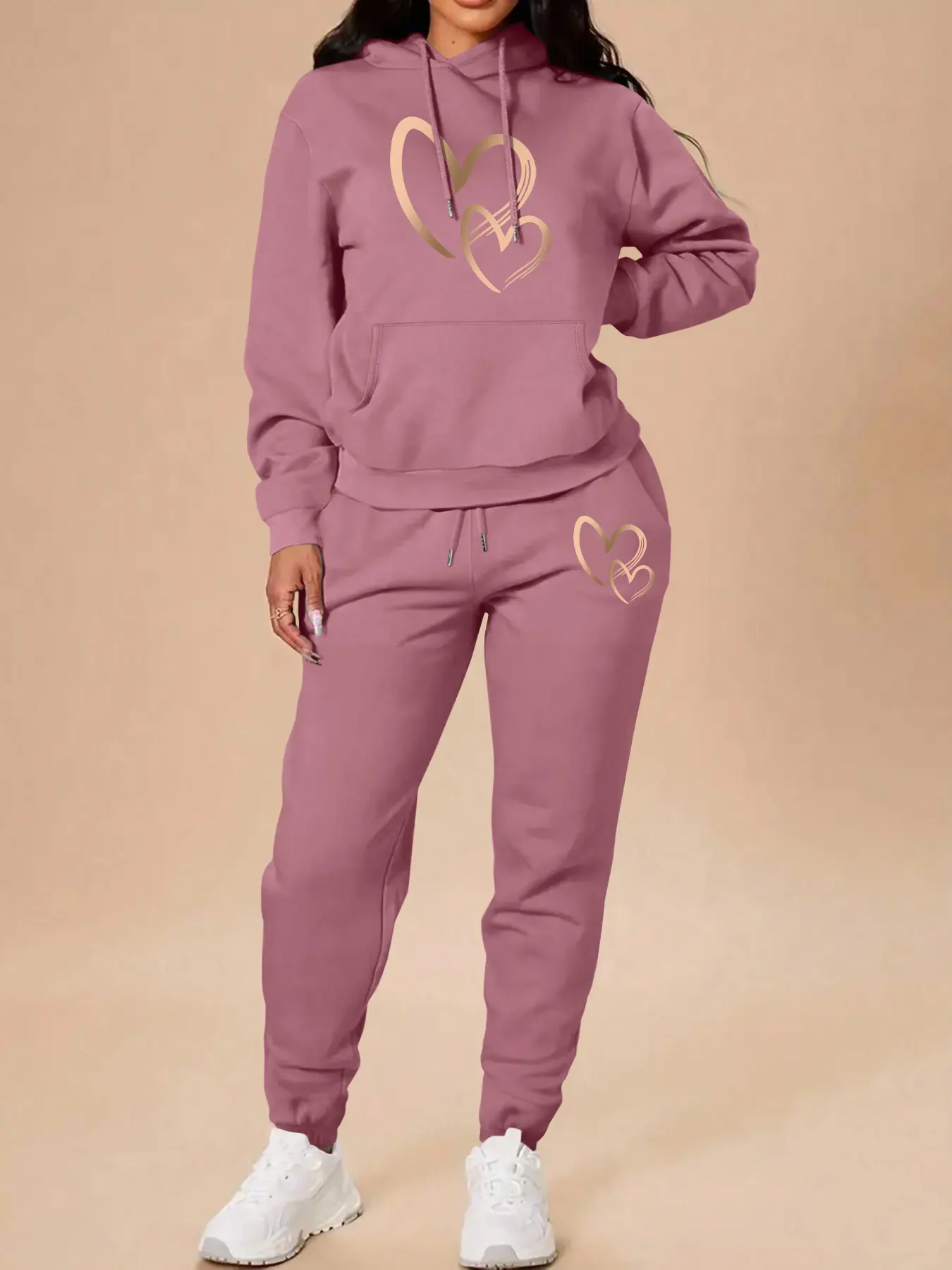 Valentine's Day Fall Winter Casual Fit Women's Hooded Sweatshirt Top Set, Clothes, Heart Pattern Print, Long Sleeve, High Waist Pants, 12 Colors, Perfect Gift