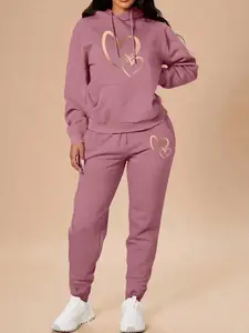 Valentine's Day Fall Winter Casual Hooded Sweatshirt Set, Heart Pattern Print, Long Sleeve, High Waist Pants, 12 Colors, Perfect Gift