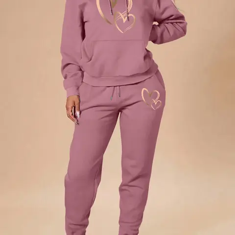 Valentine's Day Fall Winter Casual Hooded Sweatshirt Set, Heart Pattern Print, Long Sleeve, High Waist Pants, 12 Colors, Perfect Gift, Top