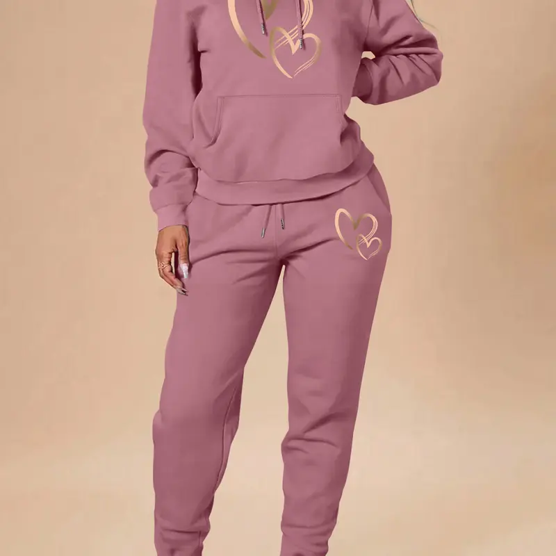 Valentine's Day Fall Winter Casual Hooded Sweatshirt Set, Heart Pattern Print, Long Sleeve, High Waist Pants, 12 Colors, Perfect Gift, Top