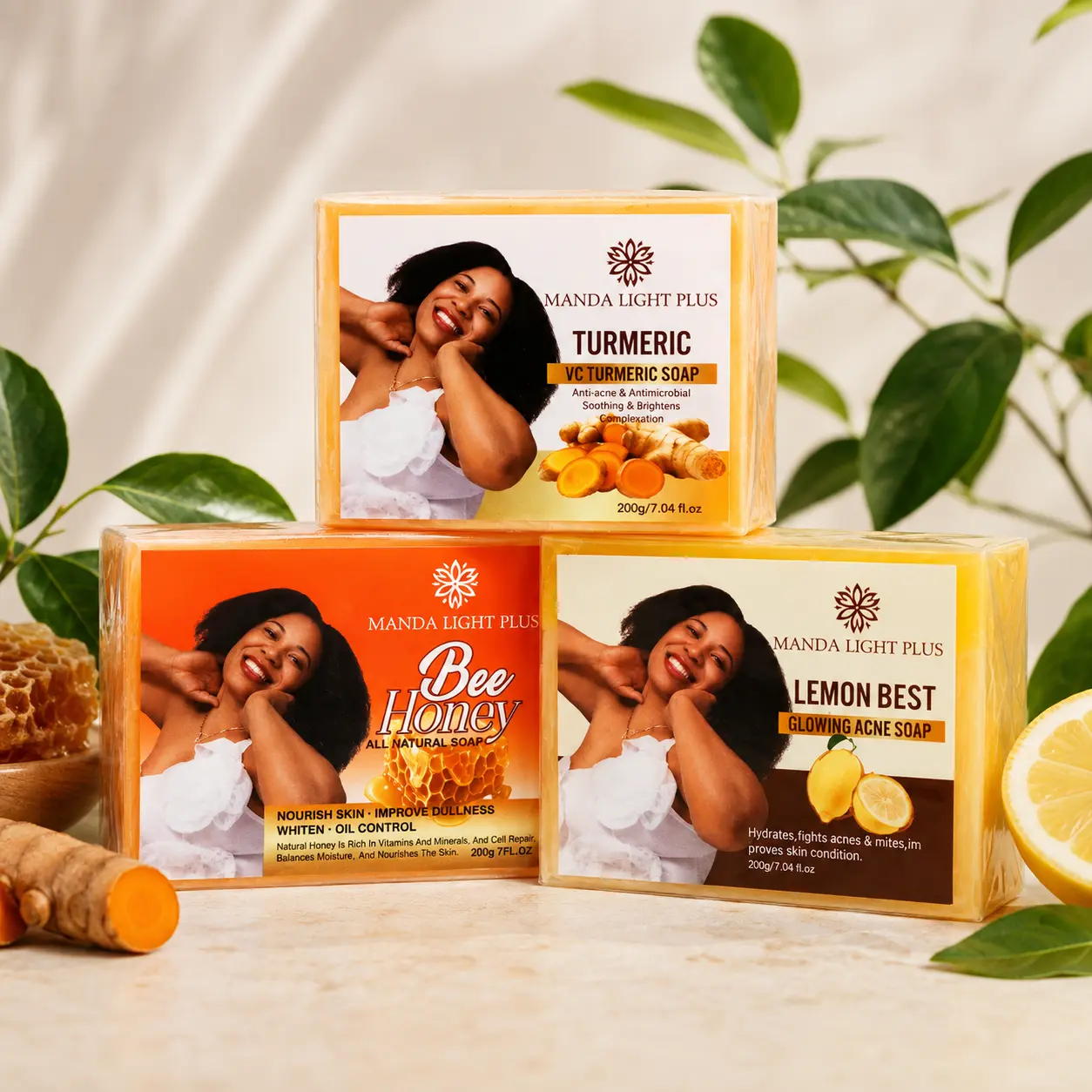 Manda Light Plus Natural Soap – Honey, Lemon & Turmeric Variants | Single Bar or 3-Pack Variety Set, 7.04 oz Each