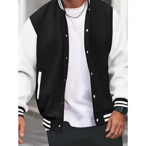Men's Casual Varsity Jacket - Red & White Striped Baseball Collar, Long Sleeve With Pockets, Polyester Blend, Machine Washable, Perfect For Spring And Fall, Fall Jacket | Striped Ribbed Details | Leatherlike Finish