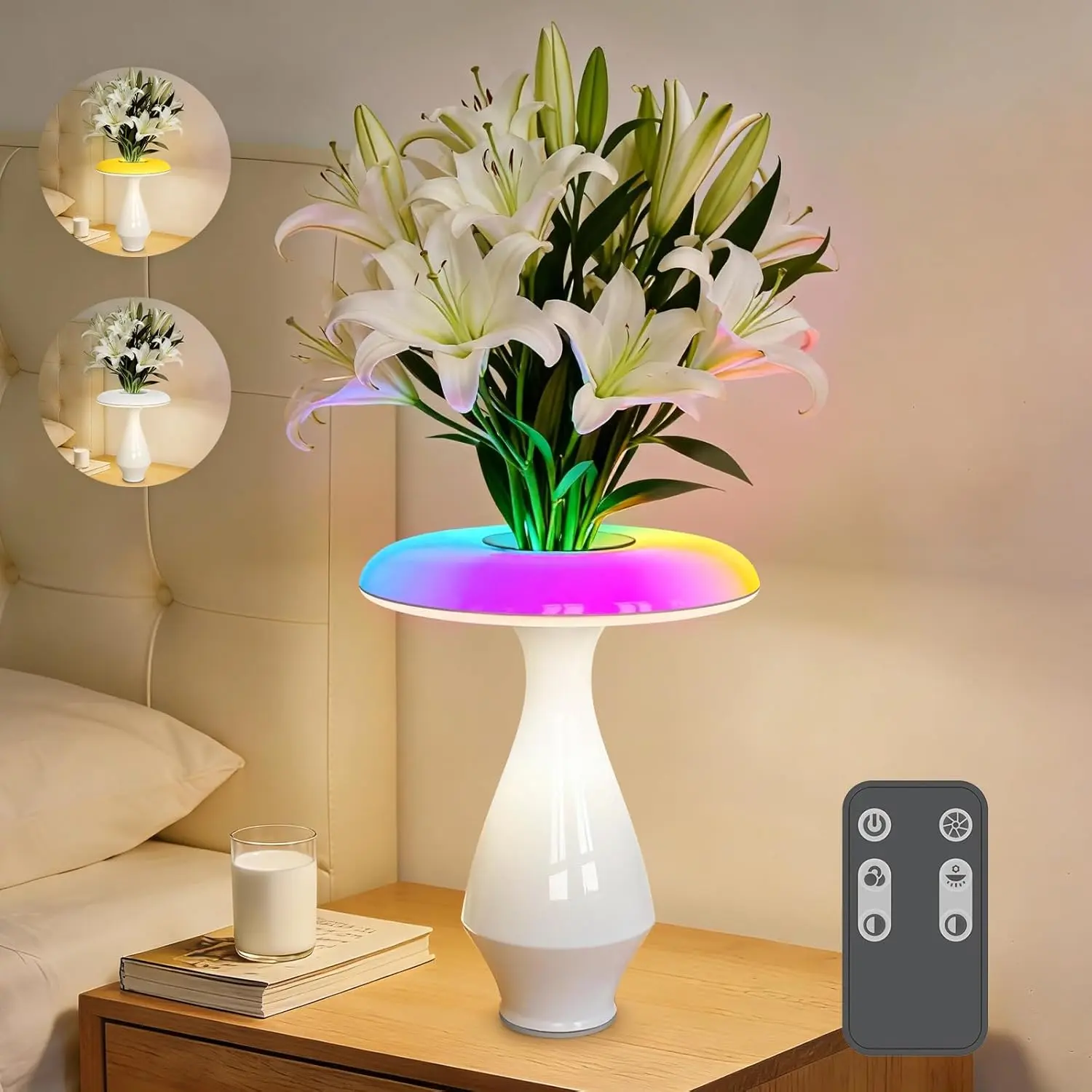 Honey Tour 2-in-1 Ceramic Table Lamp with Vase, RGB Color-Changing & 3000K Warm LED Bedside Lamp for Bedroom, Nightstand & Office Desk Decor