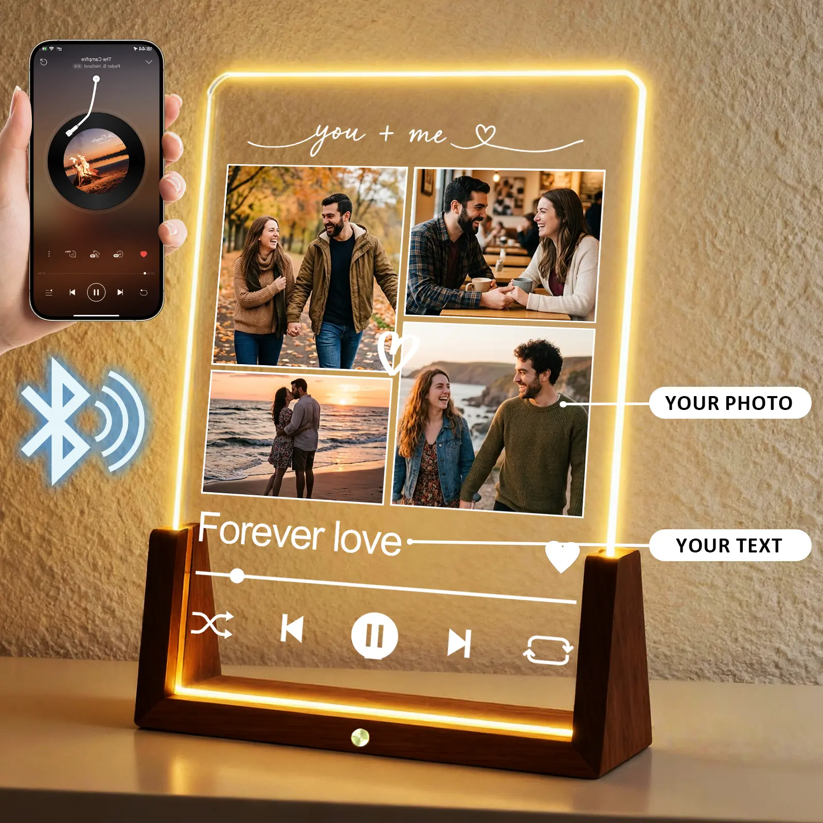 [HKZZ.Made] Custom Spotify Music Acrylic Plaque, 4/5/6/8 Inch Walnut Base, Multiple Light & Bluetooth Speaker Options, Personalized LED Photo Frame, Perfect Gift for Valentine, Anniversary, Birthday, Graduation & Special Memories