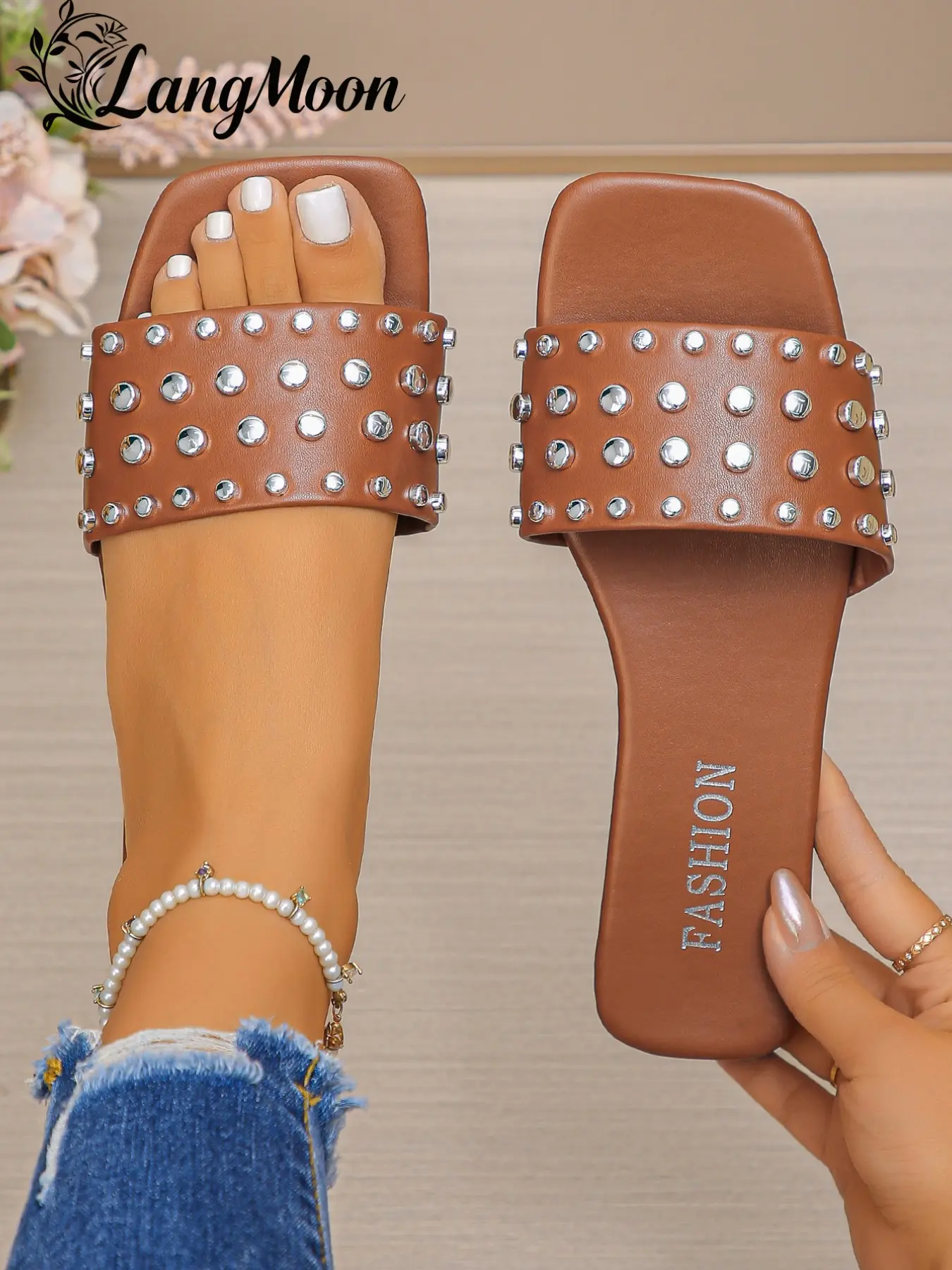 Langmoon 2026 Rivet Square Toe PU Leather Rhinestone Decorated Sandals, Full Rhinestone Buckle Design, Soft Elastic Flat Sole, Anti-Slip Wear-Resistant, Casual Streetwear Shoes