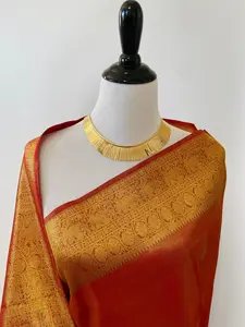 Kanchipuram Tissue Silk Saree | Red & Gold | Pure Zari | Pure Silk | Handwoven | Ships from California | Pushpam - ShopNaya Exclusive