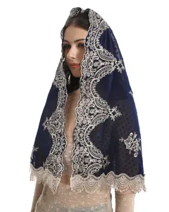 Mantveil Catholic Chapel Veils for Women: Vintage Blue Gold Floral Embroidered Chiffon Church Mantilla Veil Latin Mass Head Covering