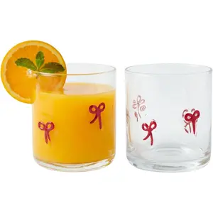 2 Pack  Bow Icon Juice Glass  Bow Aesthetic Cup 15 ounce Double Old Fashioned Icon Handblown  glasses for Women  Party, Bridal Shower Gifts (Red)