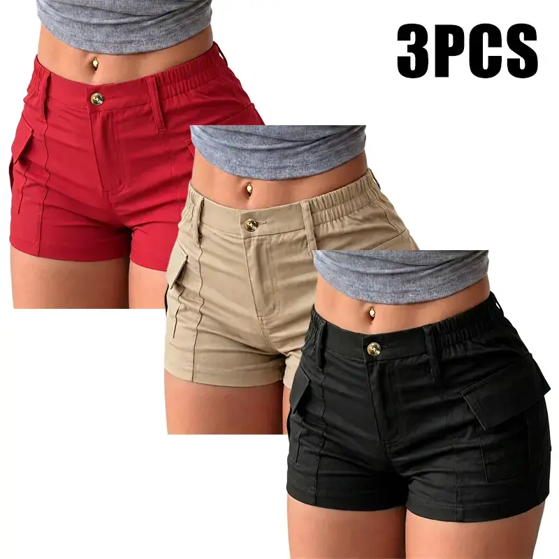 3-pack, new summer women’s cargo shorts—one pair of long shorts with two pockets and multiple pockets on both sides, featuring a button waistband; stylish, youthful, and versatile.