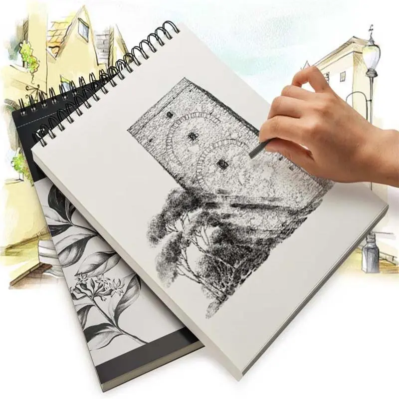 100 Sheets Thickened Sketch Paper — Art Drawing/Painting Paper, Pencil Drawing Paper, 8K Watercolor Paper, for Children & Beginners, A3 Hardcover Spiral Notebook Stationery, for Painting Sketching Writing, Relieve stress and boredom
