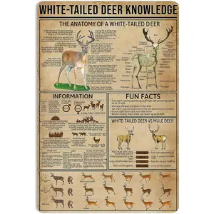Metal Tin Signs White-Tailed Deer Knowledge Hunting Knowledge Poster Farmhouse Farm Home Kitchen Club Wall Decor 16x12 Inch