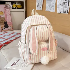 2026 New Cute Rabbit Sweet Striped Backpack for Middle and High School Students, Lightweight and Large Capacity Backpack