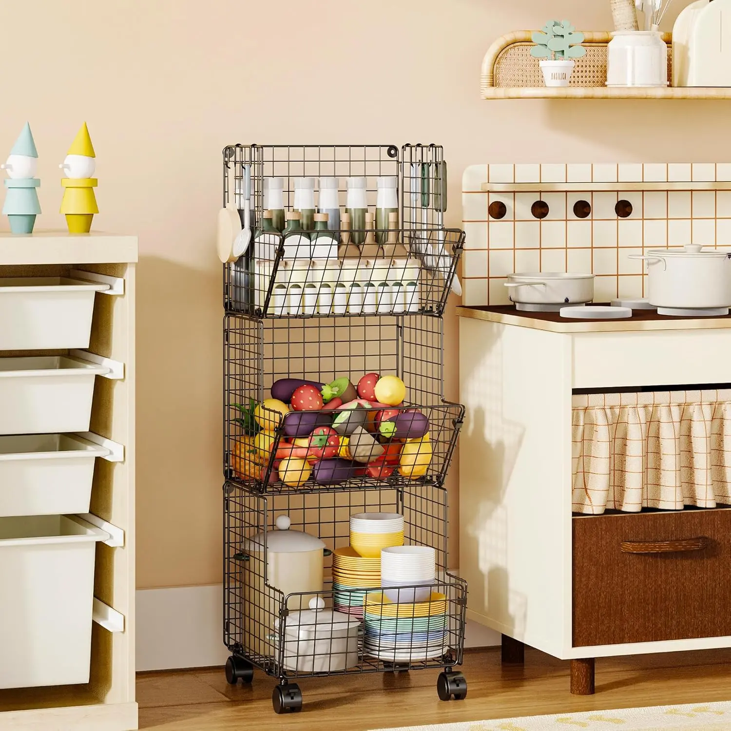 Outdoor Toy Storage, Play Kitchen Storage, Garage Toy Organizer with 5 S-Hooks, Rolling Toy Storage Pantry Floor Storage Cart Toy Shelf Dog Storage Organizer Bathroom Toy Storage