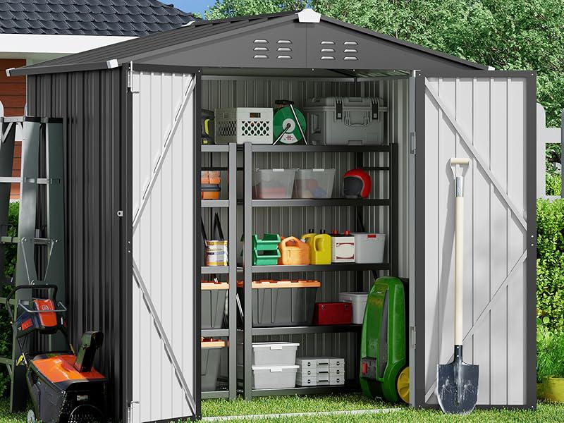 GIZOON Outdoor Storage Shed 6x4 FT Galvanized Metal Garden Shed with Double Lockable Doors Rainproof Sunproof Roof for Backyard Patio Lawn GIZOON Outdoor Storage Shed 6x4 FT Galvanized Metal Garden Shed with Double Lockable Doors Rainproof Sunproof Roof for Backyard Patio Lawn