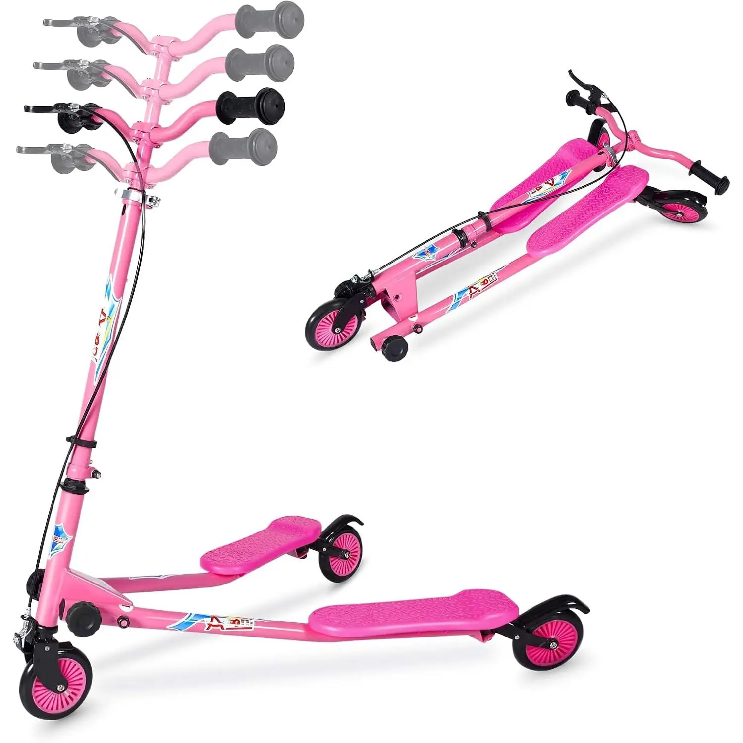 Foldable 3-Wheel Kids Drift Scooter - Polyurethane Anti-Skid Bump Texture, Adjustable Height, Front Handbrake, Convenient Storage, Ages 5-12, Max User Loading 187 lbs, Children Development Sports & Outdoor Equipment, Outdoor Fun, Boys & Girls, Non-Slip
