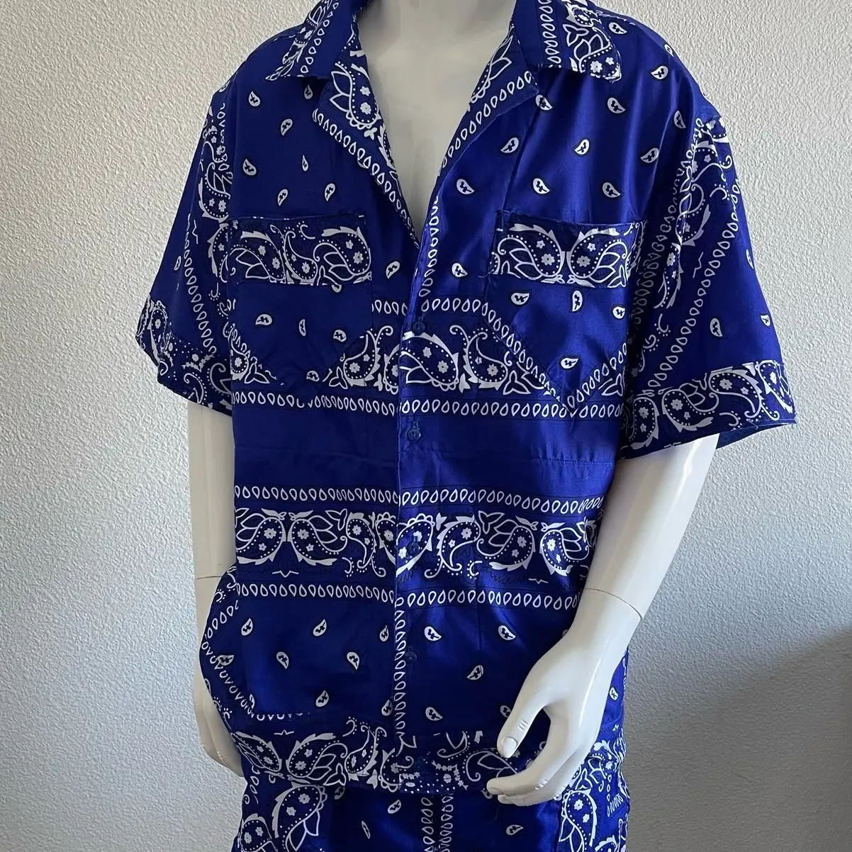 JD Fashion Men Custom Royal Blue Square Bandanna Short Sleeve Shirt & Short Set Polyester