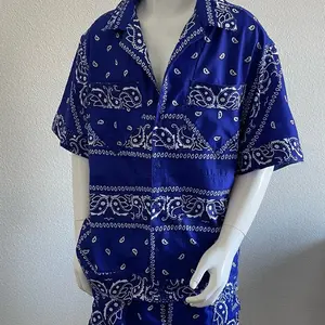 JD Fashion Men Custom Royal Blue Square Bandanna Short Sleeve Shirt & Short Set Polyester
