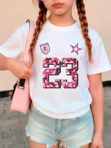 Girls' Outdoor Casual Round Neck Short Sleeve Top, Bottom Camo Number 23 Badge Star Print, Comfortable Fitted Shirt