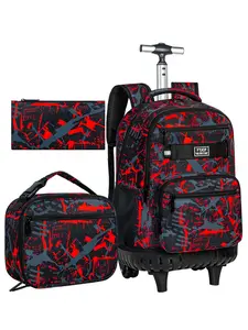 3Pcs Rolling Backpack for Boys, 19 Inche Adults Roller Bag with Wheels, Graffiti Wheeled Bookbag Set for Men(Red)