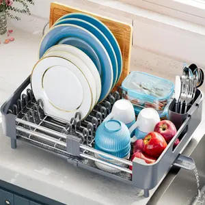 Dish Drying Rack for Kitchen Counter, Extendable Dish Rack with Drainboard, Collapsible dish drainer, Expandable Dish Strainer with Cutlery Holder, Foldable Home Countertop Plate Storage Rack, Gray Organiser