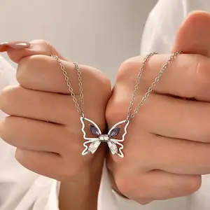 Trendy Heart Pendant Butterfly Magnetic Necklace Ins Rhinestone Best Friend Necklace Magnet Fashion Butterfly Bracelet Set Gift chains Jewelry Friendship