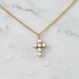 Gold Pearl Cross Necklace | Waterproof, Hypoallergenic & Tarnish Resistant
