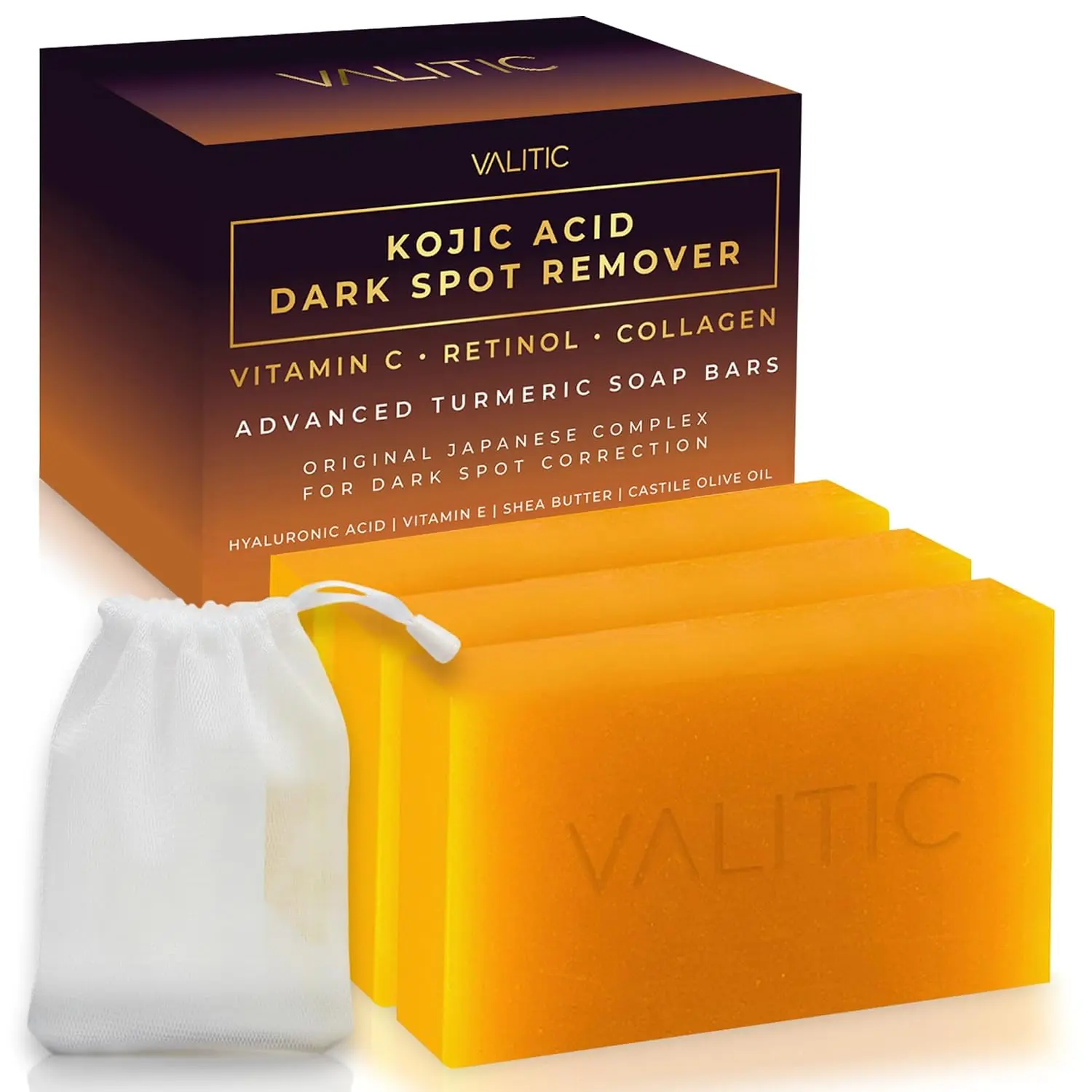 VALITIC Kojic Acid Dark Spot Corrector Soap Bars - Body Care Cleanser with Vitamin C, Retinol, Collagen, Turmeric, Japanese Complex, Hyaluronic Acid, Vitamin E, Shea Butter, Castile Olive Oil for Skin Repair - 3-Pack With Bag