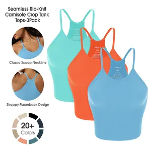 ODODOS Women's Crop 3-Pack Seamless Rib-Knit Camisole Waist Length Crop Tank Tops,No Padding summerwins